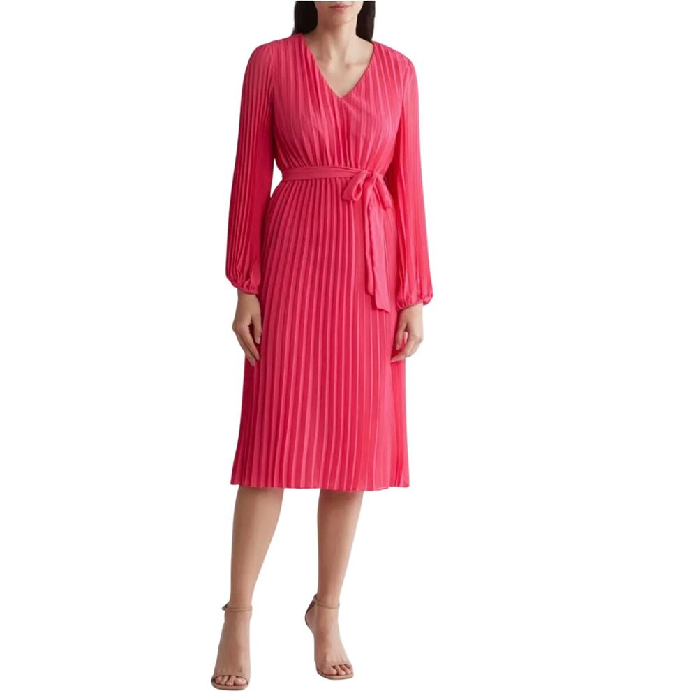 Sam Edelman Pretty Pink Long Sleeve Plisse' Midi Dress Size 8 NWT